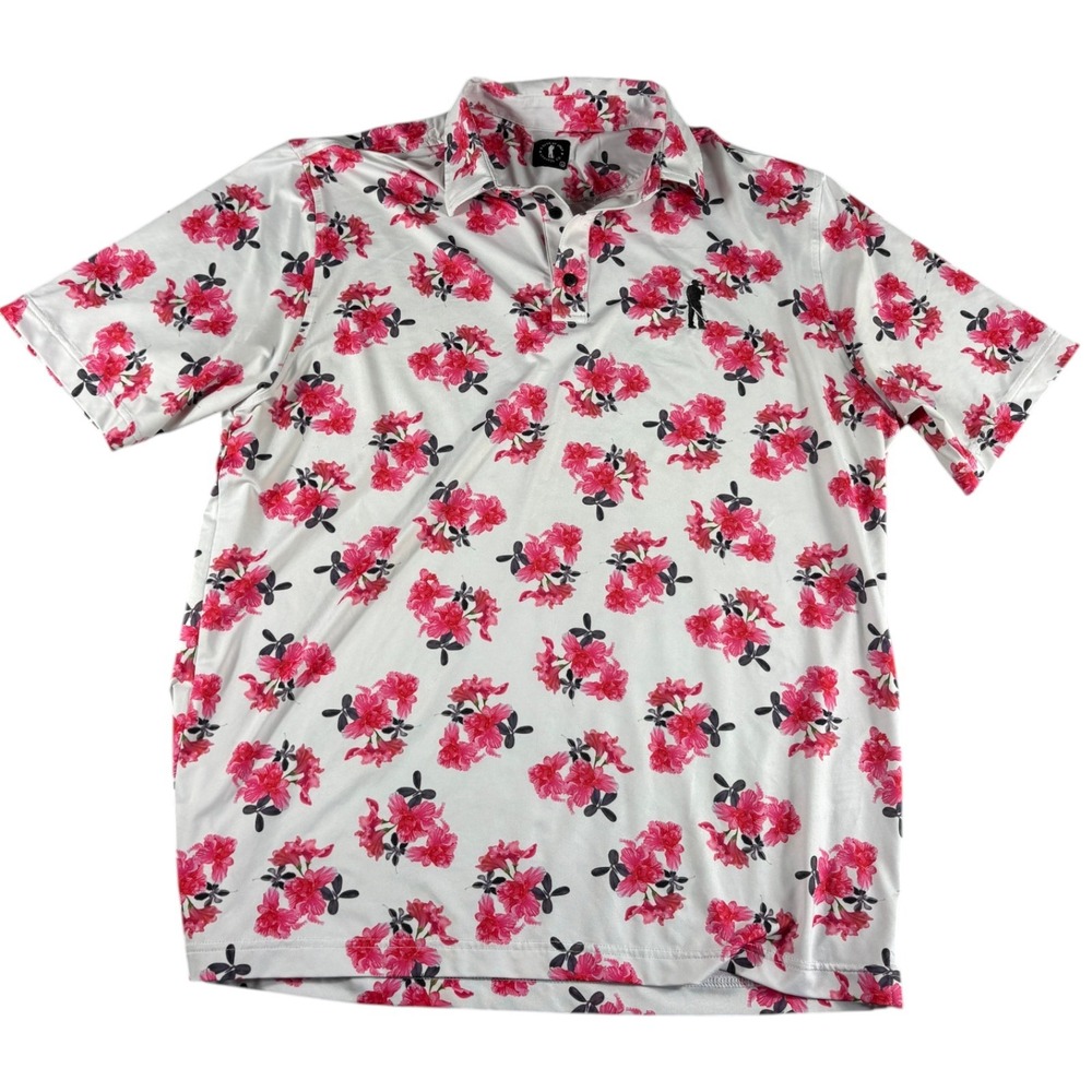 U Suck at Golf Polo Shirt Mens Large White Pink Azalea Floral Premium Stretch